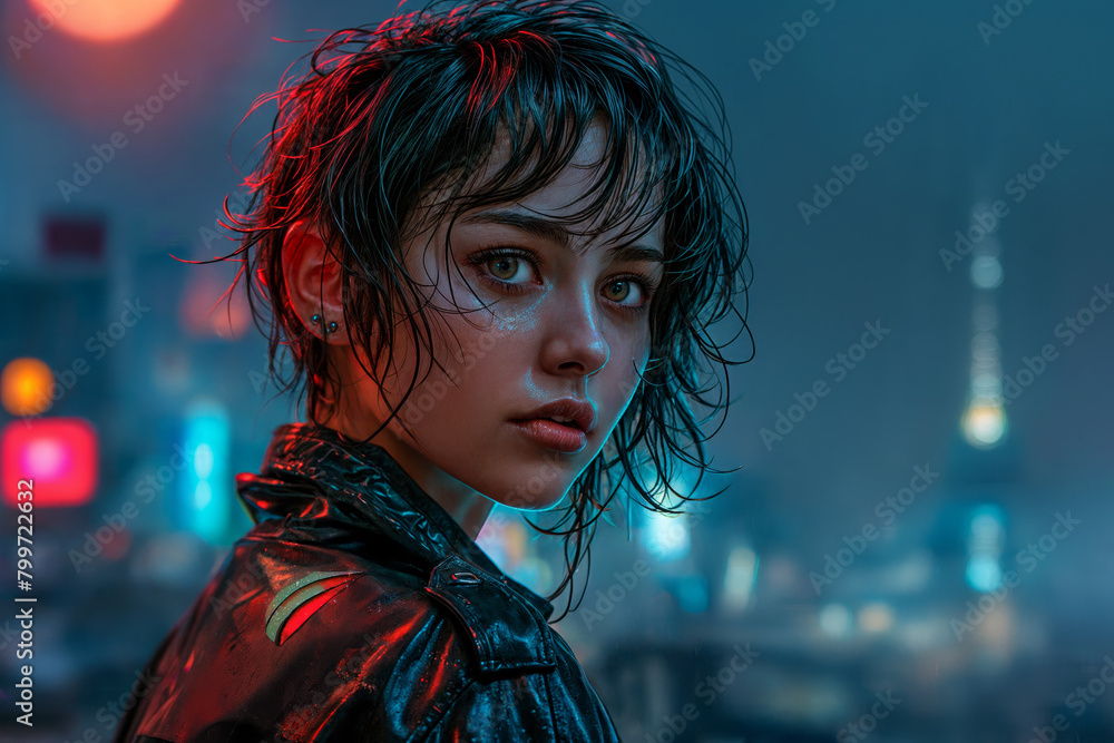 Rain-Swept Reflections: Young Woman's Contemplative Gaze in a Luminous Cyberpunk Metropolis - A Portrait of Modern Solitude Rain-Swept Reflections: Young Woman's Contemplative Gaze in a Luminous Cyberpunk Metropolis - A Portrait of Modern Solitude