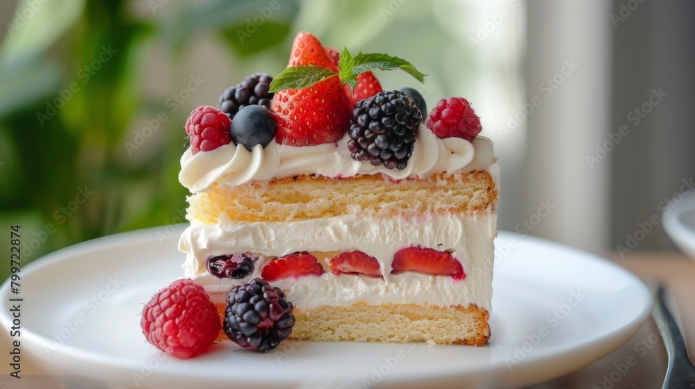 A slice of moist and fluffy vanilla cake with layers of whipped cream and fresh berries, perfect for a summertime dessert. A slice of moist and fluffy vanilla cake with layers of whipped cream and fresh berries, perfect for a summertime dessert.