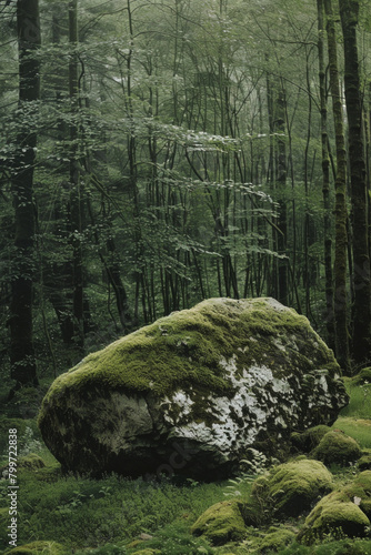 A tranquil woodland scene featuring a moss-covered boulder, with its soft green hues and velvety textures creating a minimalist composition that highlights the subtle beauty of nature's growth