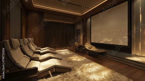 A stylish home theater with reclining chairs and a projector screen, offering a cinematic experience in the comfort of home.