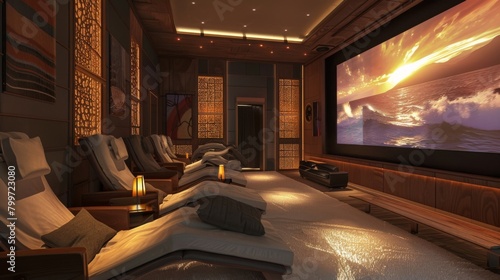 A stylish home theater with reclining chairs and a projector screen, offering a cinematic experience in the comfort of home.