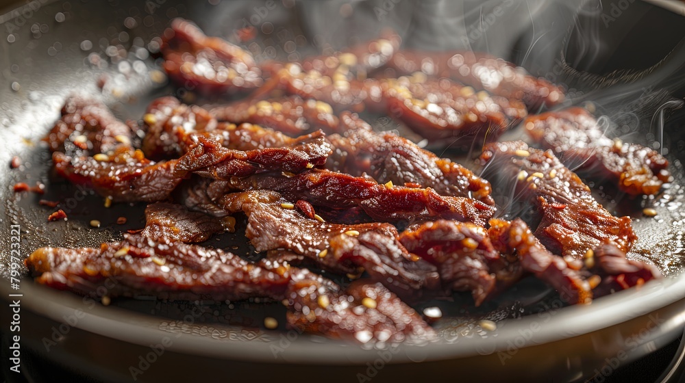 Crispy fried sun-dried beef strips sizzling in a hot pan, emitting aromatic flavors and tempting textures, ready to be served as a crunchy snack or appetizer.