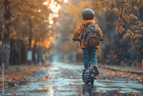 A child rides an electric scooter through a city park. © kvladimirv