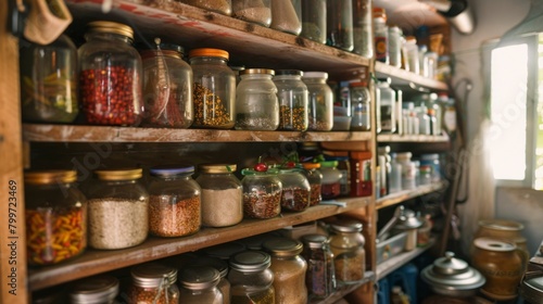 A traditional Thai kitchen with shelves stocked with jars of various spices and seasonings, including Thai chili flakes and pepper.