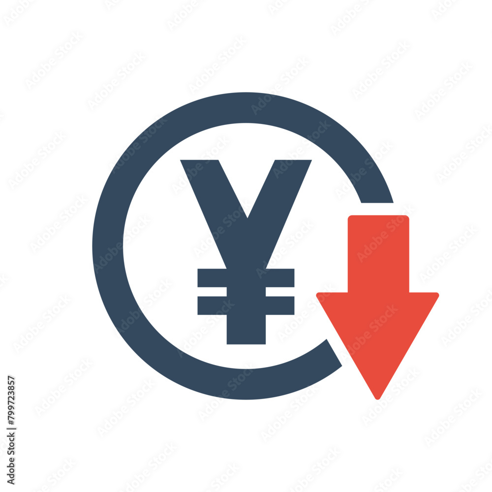 Obraz premium japanese yen or chinese yuan red down arrow icon, exchange rate falling trend symbol, inflation or tax infographics sign