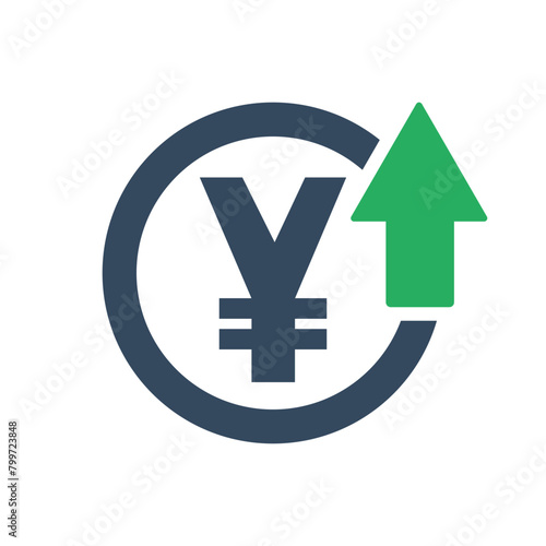 japanese yen or chinese yuan green up arrow icon, exchange rate rising trend symbol, inflation or tax infographics sign