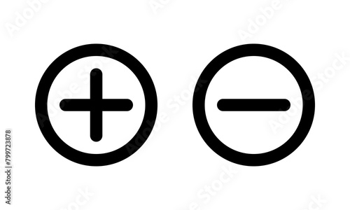 Plus minus black round outline icons. Positive and negative symbols. photo