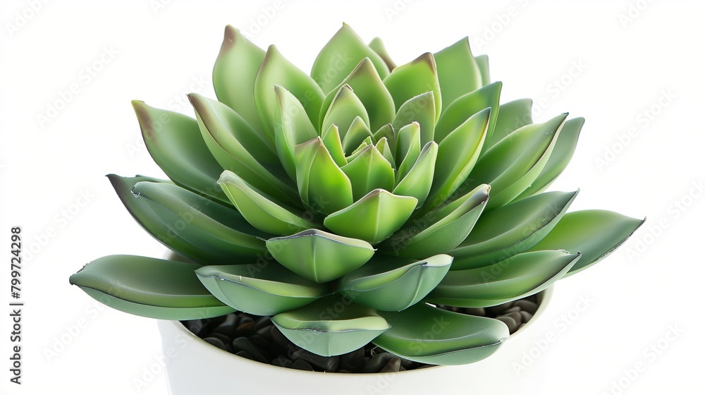 A rich green succulent plant in a small white pot, detailed texture of the leaves visible, isolated on white A rich green succulent plant in a small white pot, detailed texture of the leaves visible, isolated on white
