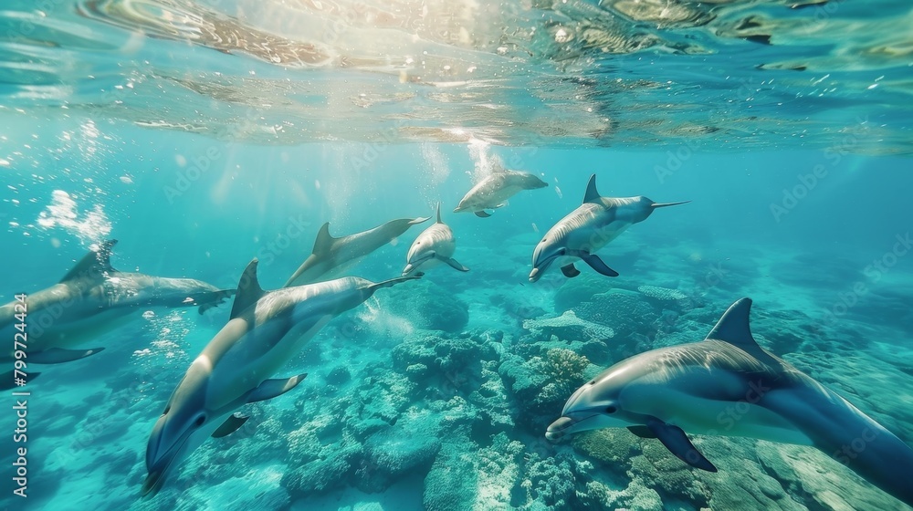 Obraz premium A group of dolphins gracefully swim over a vibrant coral reef, showcasing their sleek bodies and playful movements in their natural habitat. The colorful reef provides a backdrop to their lively