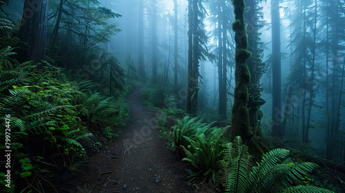 Trail in the rainforest in the foggy night