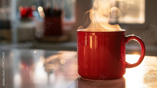 A vibrant red coffee mug filled with steaming coffee, placed on a sleek white surface, soft light illuminating the steam
