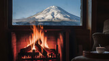 A captivating photograph of a roaring fireplace, with a large, snow-capped mountain visible through the window behind it. Generative AI