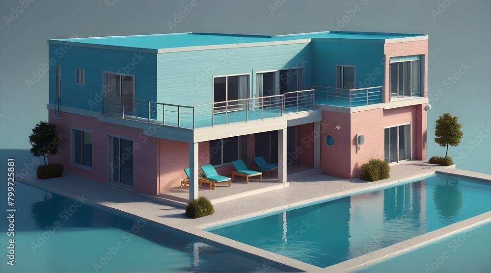simulated swimming pool three storey building cartoon model blue pastel 3d illustration.generative.ai