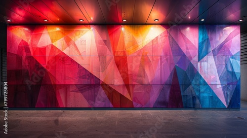 Craft an installation art concept where largescale abstract murals are enhanced with actual crystal inlays for a public art space photo