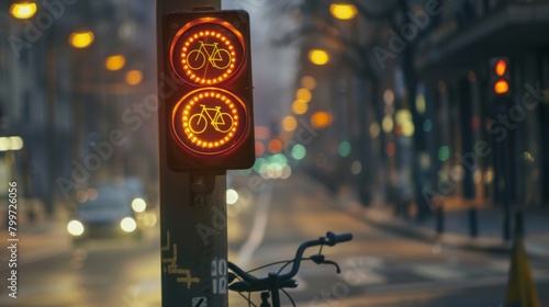 A traffic signal with a bicycle symbol, designating a dedicated lane for cyclists at an intersection. photo