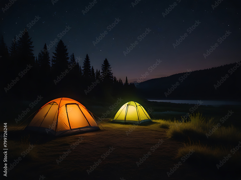 A tent illuminated by the soft glow of a lantern, surrounded by towering trees and the peaceful sounds of nature at night. Generative AI