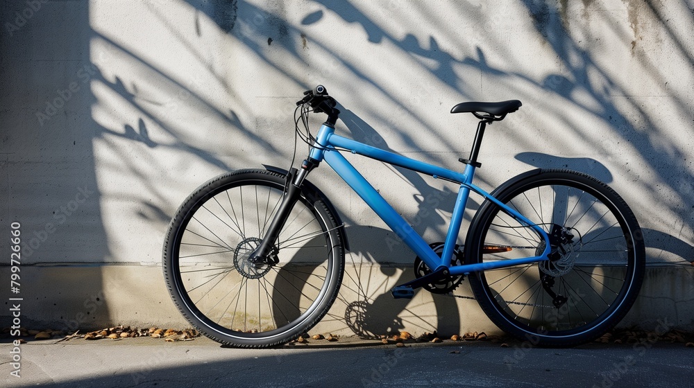 An electric blue bicycle parked against a blank wall, shadow casting slightly to the left, serene setting
