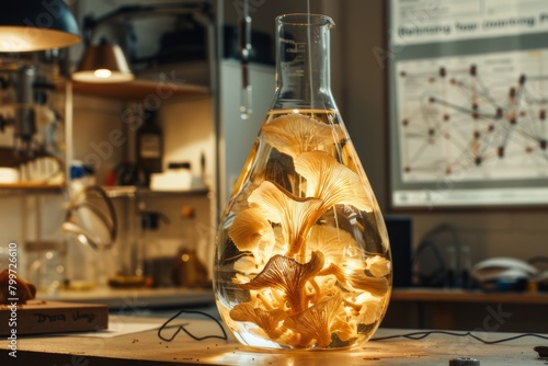 A glass flask filled with golden, translucent liquid sits on a lab bench. Inside the flask, strange, bioluminescent medicinal mushrooms can be seen growing, their forms illuminated from within. photo