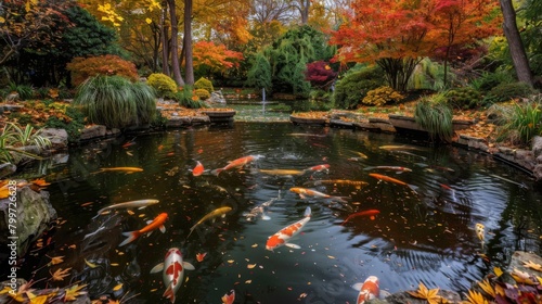 A tranquil koi pond surrounded by autumn foliage  creating a serene atmosphere of harmony and change.