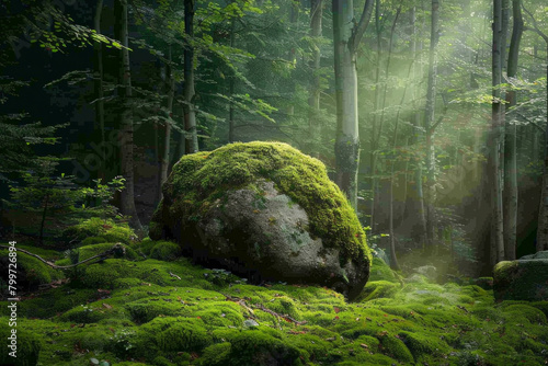 A tranquil woodland scene featuring a moss-covered boulder, with its soft green hues and velvety textures creating a minimalist composition that highlights the subtle beauty of nature's growth