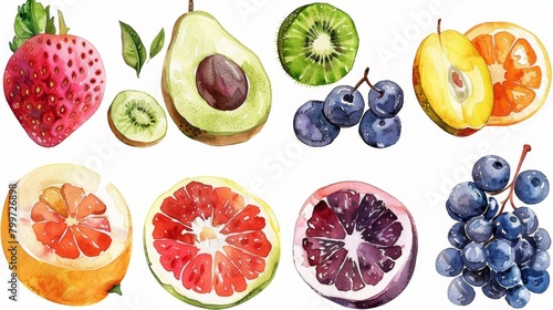 Craft a series of watercolor fruit cliparts including exotic and common fruits for use in culinary websites recipe books or nutrition guides photo