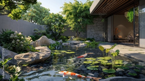 A tranquil Zen garden with a serene koi pond as its centerpiece  representing harmony and mindfulness.