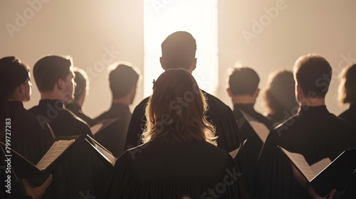 A church choir with singers in robes, leading worship with hymns, against a plain white background. photo