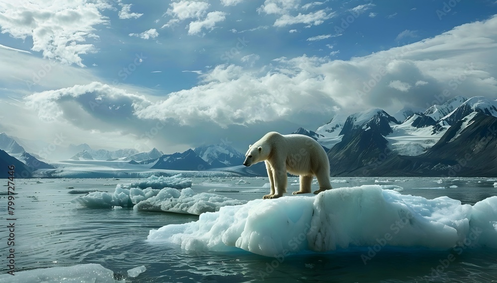 Solitary Polar Bear on Melting Iceberg Highlighting Climate Change Crisis