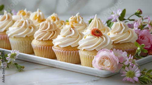 A tray of freshly frosted cupcakes adorned with swirls of buttercream and edible flowers, inviting a sweet treat for any occasion.