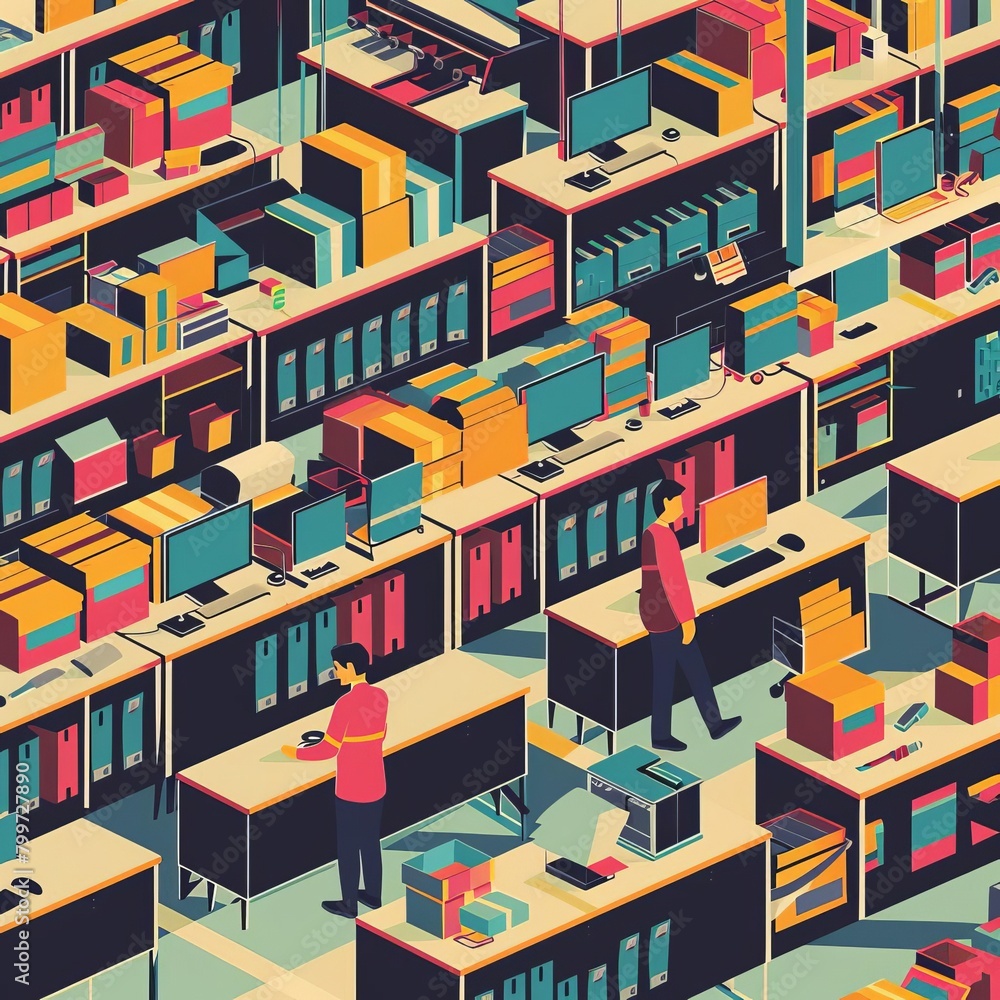 Retro 1970s styled e-commerce warehouse, workers packing goods with old-school computers, vibrant color scheme Retro 1970s styled e-commerce warehouse, workers packing goods with old-school computers, vibrant color scheme