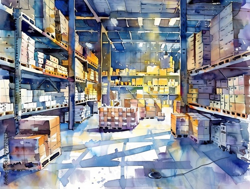 Watercolor depiction of effective inventory management, organized warehouse with labeled bins and digital tablets