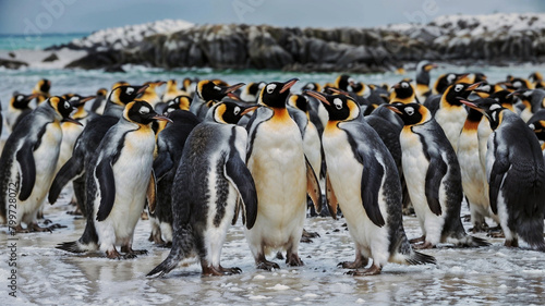 A flock of penguins standing next to each other on a beach.