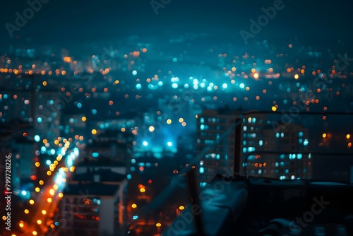Night cityscape view from rooftop with ambient street lights illuminating urban skyline. Concept Cityscape Photography, Nighttime Illumination, Urban Skylines, Rooftop Views, Ambiance Street Lights, © Anastasiia