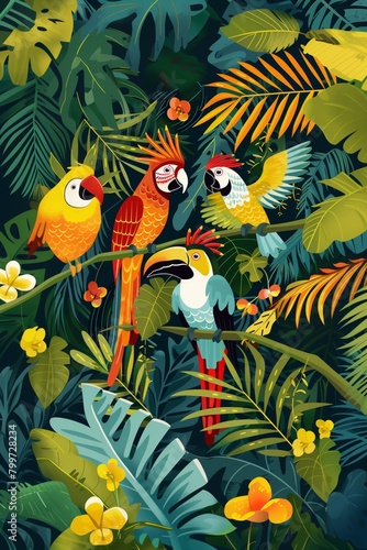 Colorful Parrots in Lush Tropical Foliage Illustration 