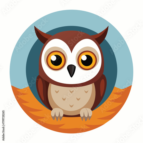 A cartoon owl with large eyes and brown feathers is perched inside a tree hollow, its nest represented by orange and brown lines.