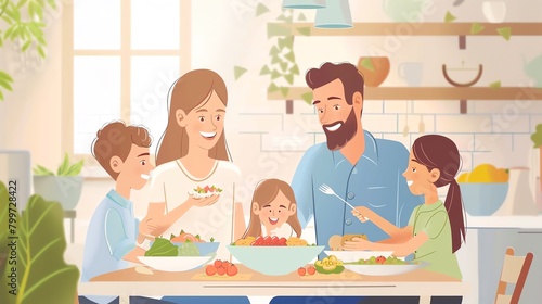 Healthy Eating HabitsDepict a family enjoying a meal together, with a focus on nutritious foods that promote dental health, such as fruits, vegetables, dairy products, and lean proteins, emphasizing t