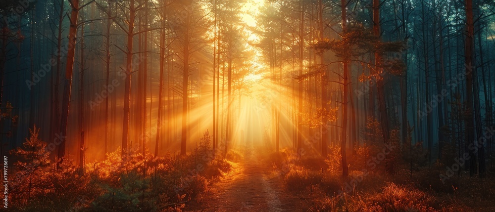 Morning sunrays pierce through the misty forest, creating a mystical atmosphere along a tranquil forest path.