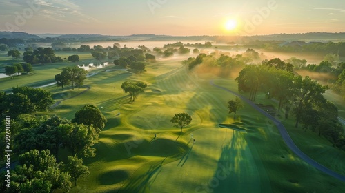 A tranquil dawn breaks over a lush golf course, with rays of sunlight piercing through a soft morning mist. photo
