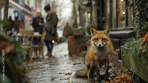 A fox stands alert in a suburban neighborhood with autumn colors adorning the trees and homes in the backdrop.