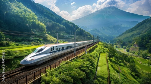 A bullet train moves swiftly along the tracks with iconic Mount Fuji in the backdrop amid the colorful autumn foliage.