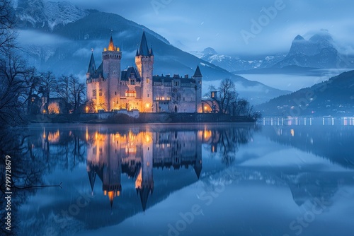 A medieval castle illuminated against a dusky sky, with its reflection mirrored perfectly in the glassy waters of the adjacent lake. photo