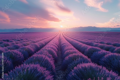 Endless rows of lavender lead to the horizon under a majestic sunset with picturesque mountains in the distance.