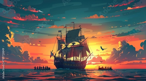 Illustration of an old sailing ship on a grand adventure across the ocean  silhouetted by the warm hues of the sunset.