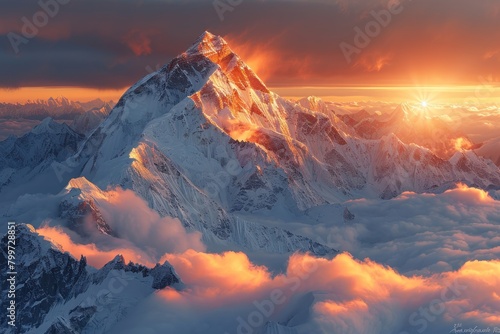 Stunning photograph of the sun rising over snow-covered mountains, casting a fiery glow on the clouds and peaks.