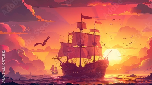 Illustration of an old sailing ship on a grand adventure across the ocean, silhouetted by the warm hues of the sunset.