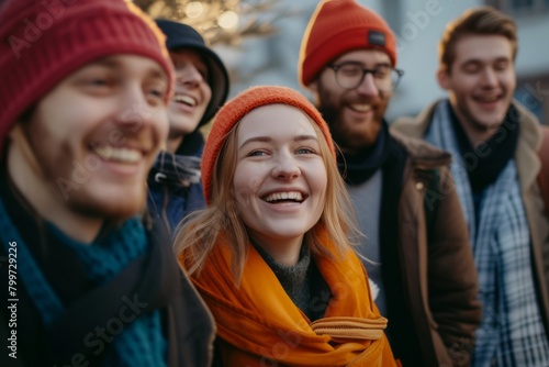 Group of young people walking on the street in winter and smiling.