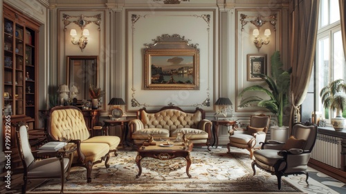 An elegant sitting room with antique furniture and intricate decor  exuding sophistication and charm for refined leisure.