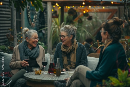 Group of senior women sitting in a cafe  talking and drinking wine