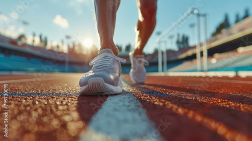 Close up of male athlete feet while running on a track at stadium