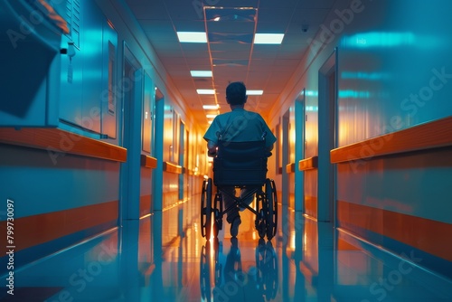 A medical wheelchair was pushed at a fast pace through a brightly lit hospital corridor. © Syazays